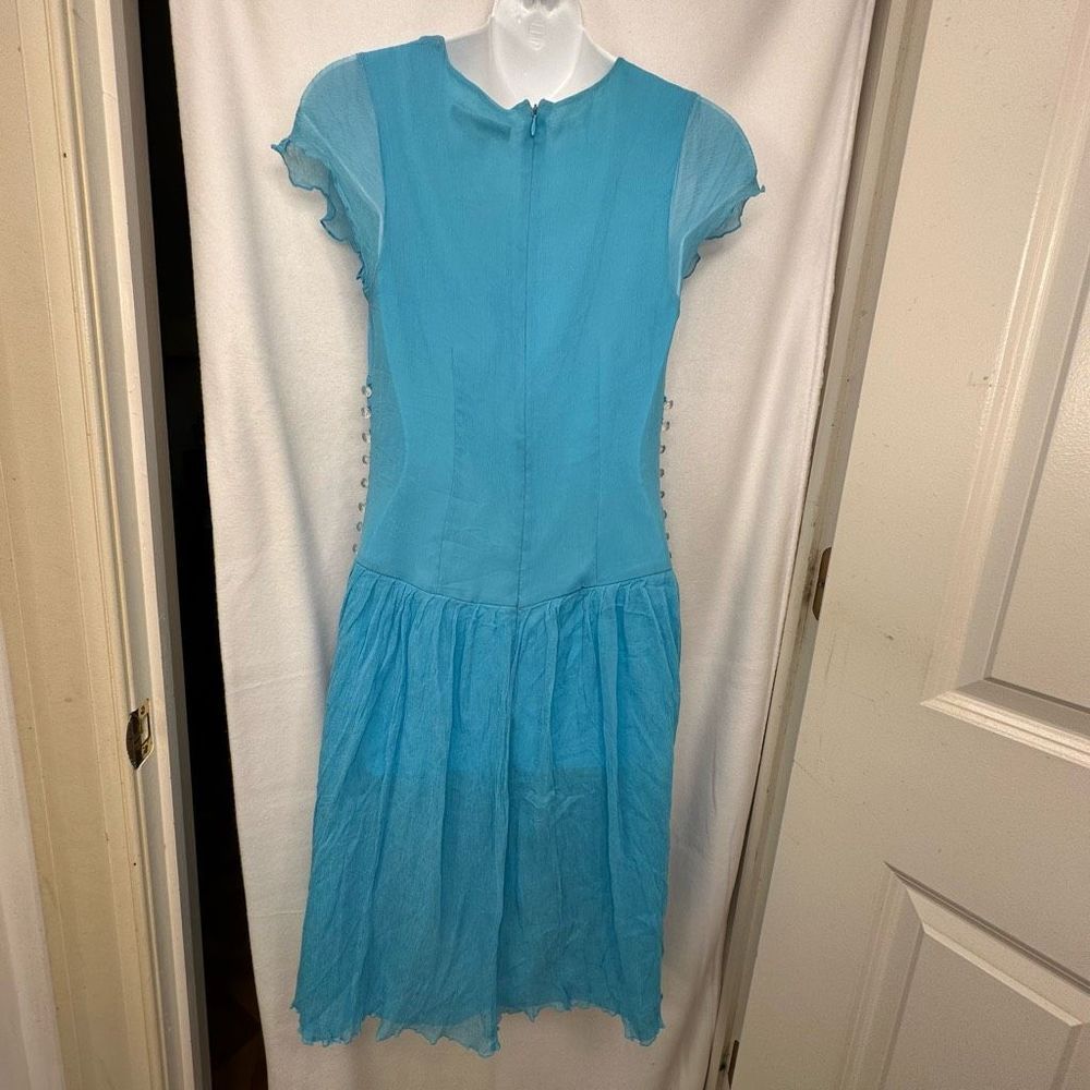 WD.NY V-Neck Women’s Silk Aqua Dress with scalloped cap sleeves